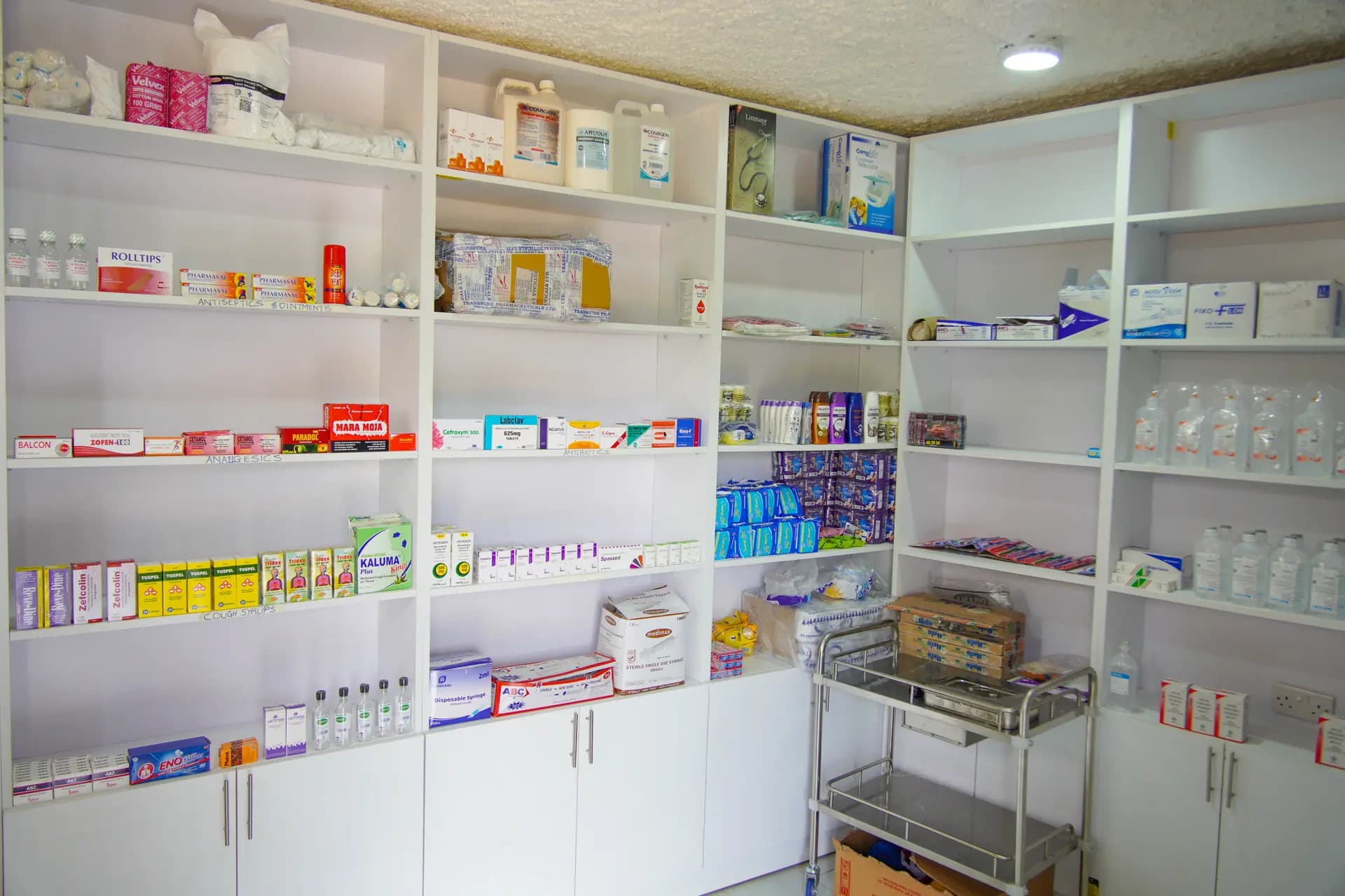 Pharmacy and clinical support supplies arranged inside ARS.
